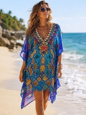 ASA KAFTANS Blue Rhinestone Kaftan Sheer Cover Up Snake Print Beach Dress Sz XXL